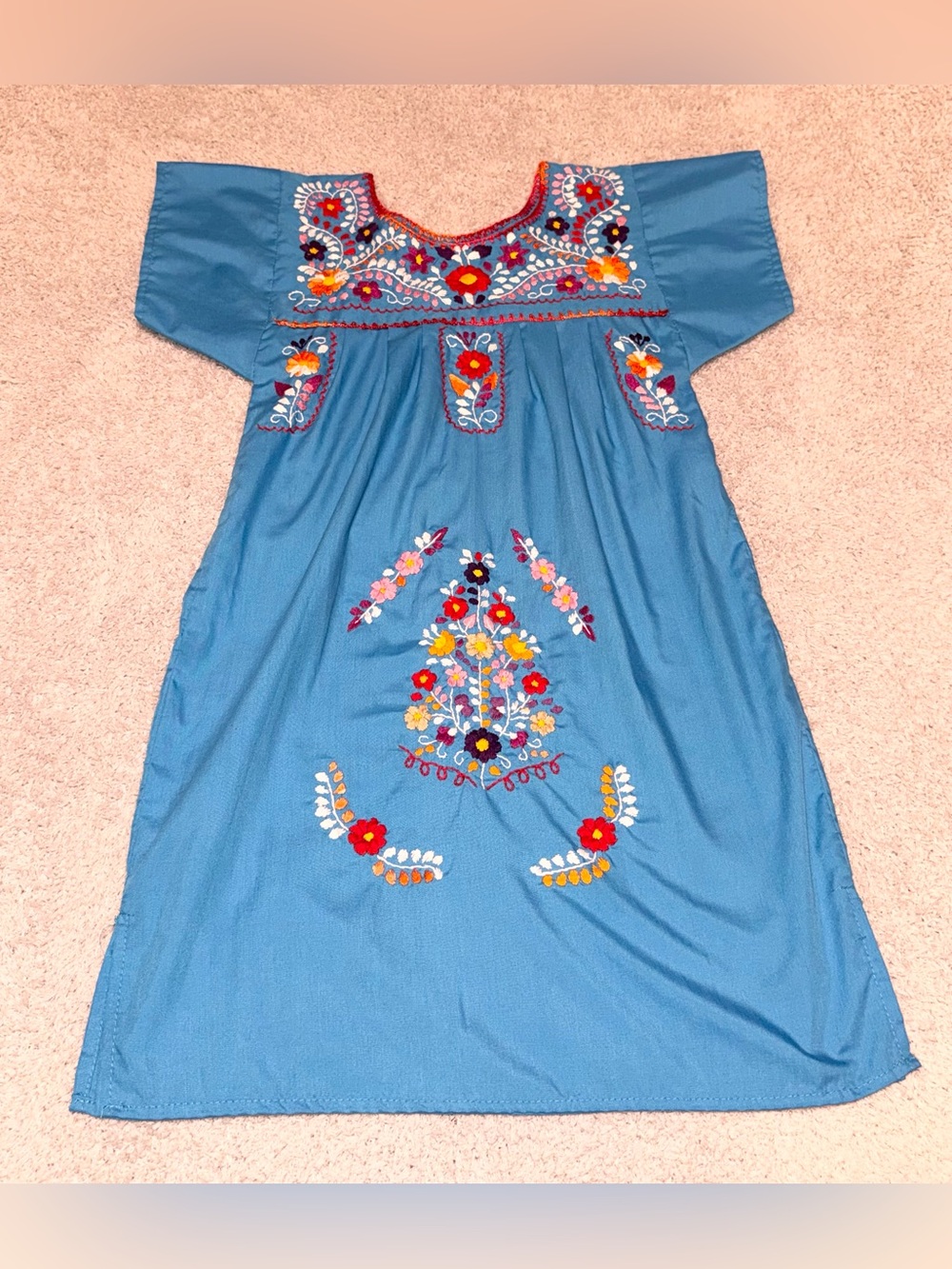 Traditional Mexican Puebla Girl’s Peasant Blue Dress Colorful Floral Embroidery